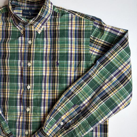 Ralph Lauren Mens Large Cotton Classic Fit Shirt Long Sleeve Plaid Button Front - Picture 4 of 11